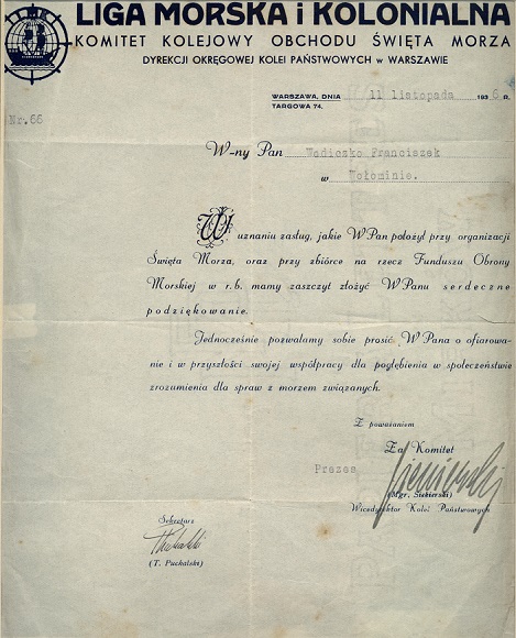 Podziękowanie Ligi Morskiej i Kolonialnej za pomoc w organizacji obchodów Święta Morza 1936 r